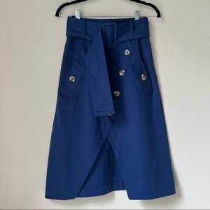 NWOT Olympiah Navy Midi Structural Wrap Skirt, size XS
